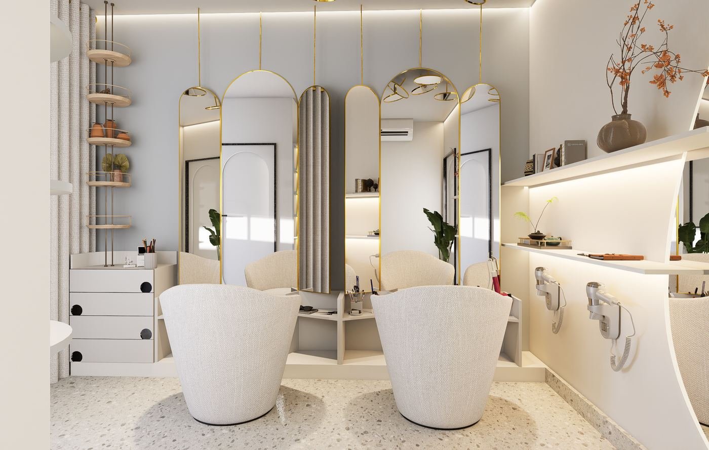 Calm, elegant salon interior with soft lighting